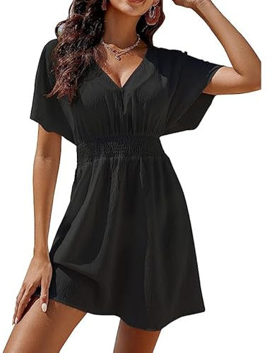 Satohom Womens Midi Summer Solid Relaxed Comfort Dresses Pleated Waist V-Neck Wrap Versatile Dress Chiffon Ruffle Short Sleeve Cute Beach Tie Waist Dresses Lady Trendy Tunic Casual Dress Black