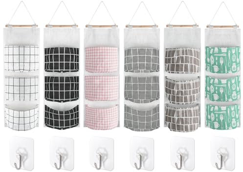 Chostky 6 bolsas de almacenamiento colgantes de pared, organizador colgante de armario, 3 bolsillos impermeables sobre la puerta de lino Farbric colgante almacenamiento poucher con 6 ganchos para