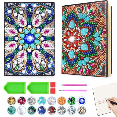 HEYOMI Bastelset Mädchen Set of 2 Mandala A5 Notebook Diamond Painting, 5D DIY Notebook Kits, Rhinestone Diamond Painting for Student Office School Supplies Crafts