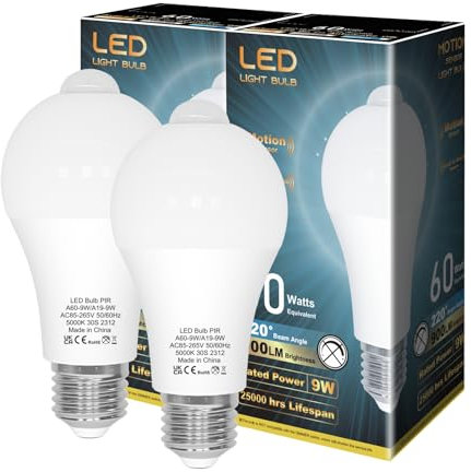 LUTW Glühbirne mit Bewegungsmelder, 9W E27 LED Lampe mit Bewegungsmelder Ersetzt 60W, 5000K Tageslichtweiß 900lm, 220° Abstrahlwinkel Energiesparlampe für Flur, Garage, Balkon, Treppe, 2er Set