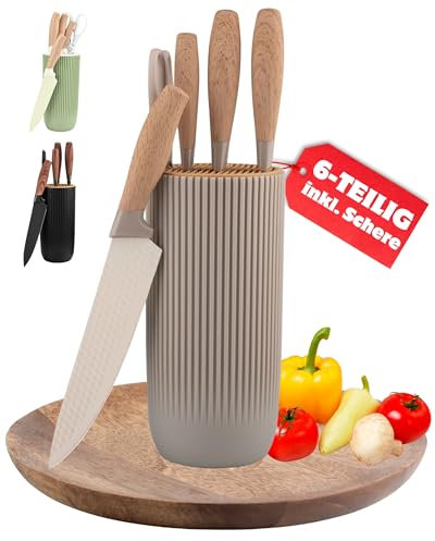 Holzwurm Messerset mit Messerblock - 6-teiliges Anti-Rost Edelstahl Küchenmesser Set, Perfekt für Profis und Hobbyköche, Messerblock mit Messer (Creme)