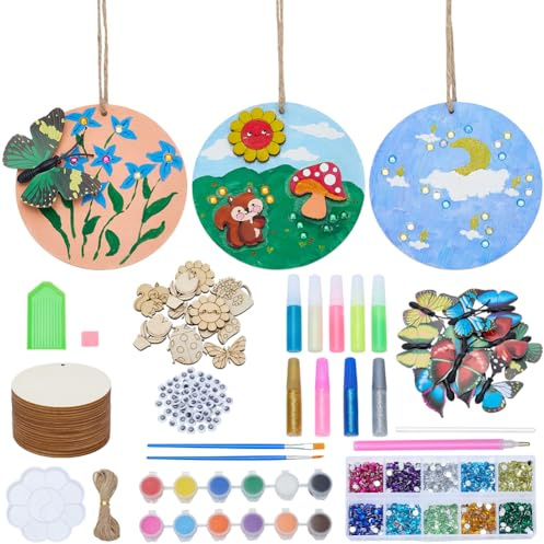 WEBEEDY 20 Sets Butterfly Flower Wooden Painting Crafts for Adults Beginners, Glow in The Dark Wooden Painting Kit DIY Wood Art and Craft Kit with 8cm/3.15'' Wood Slices Wall Hanging Decoration