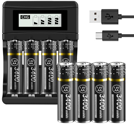 Palogreen 8 stycken 3 400 mAh batteri AA med laddare – 1,5 V/litium AA batterier uppladdningsbar med LCD-display snabbladdare batteriladdare 4 platser för Li-ion Mignon AA, Micro AAA-batterier