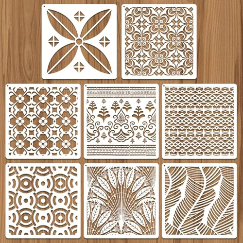 JSRQT 8 Piezas Plantillas de Capas Texturas Grandes, Geométrico Mandalas Stencils Templates para Pintar, Plantillas de Plástico Reutilizables para Manualidades, Muebles Suelos Lienzos Madera Vidrio