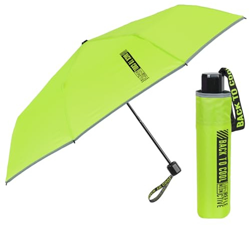 PERLETTI Regenschirm Taschenschirm Blau Reflektierend Kinder - Jungen Regen Schirm Kompakt Klein Windsicher - Kinderschirm 7+ Jahre Windfest Sicher Bunt - Durchmesser 91 cm (Neon Gelb)