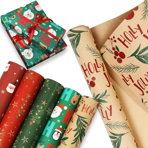 Set de papel de regalo navideño, 5 estilos con motivos navideños (69.5 * 49.5 cm) para Navidad, cumpleaños infantil, envoltorio de regalo
