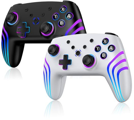 2pcs Manette Sans Fil pour Switch/Switch 2/Lite/OLED/PC, Manette pour Switch avec éclairage RGB à 7 Couleurs Changeantes/Double Vibration/Gyroscope 6 Axes/Turbo, Joystick de Ergonomique (Blanc+Noir)