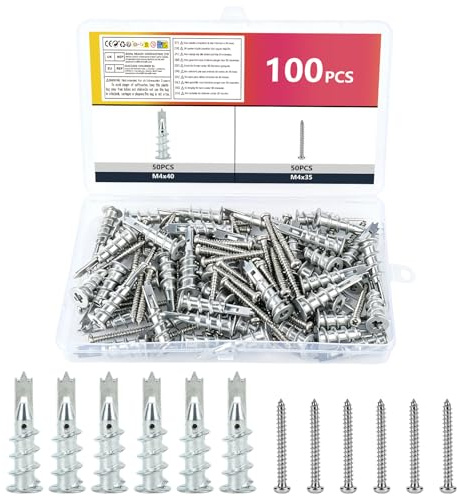 100 Pz Tasselli per Cartongesso e Viti Autofilettanti per Metallo, Tassello Cartongesso e Viti Autoperforanti per Metallo, Fissaggi per Cartongessos Impieghi Gravosi