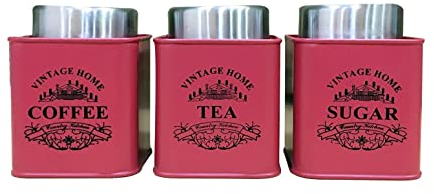 Nobel Set of 3 Tea Coffee Sugar Canisters - Vintage Home (Red)