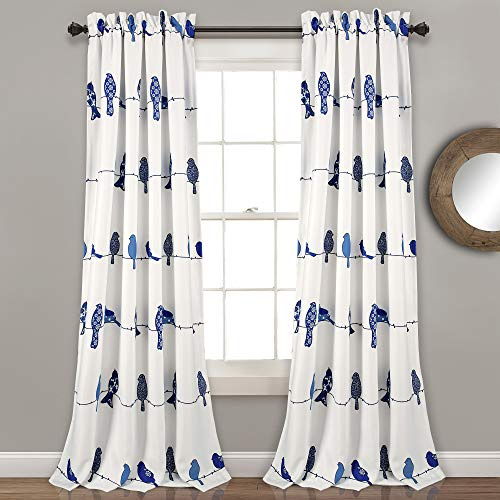 Lush Decor Rowley Birds Light Filtering Window Curtain Panels, Pair, 52 W x 95 L, Navy - Colorful Floral Print - Whimsical & Playful Bird Curtains For Bedroom, Living Room, Or Dining Room