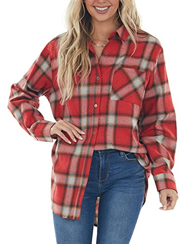 NUOREEL Women’s Plaid Flannel Button Down Shirt Long Sleeve Casual Blouse Top with Pocket (Ruby, Large)