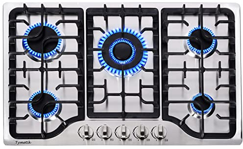 Tymetik 30 Inch Gas Cooktop, 5 High Efficiency Burners Gas Stovetop Built-in Stainless Steel Gas Stove Propane/Natural Gas Convertible Gas Hob