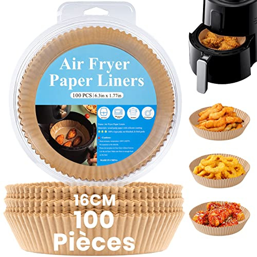 BISNIE Bakpapper för varmluftsfritös 16 cm, 100 stycken luftfryer bakpapper runt non-stick-vattentät, oljesäker, engångsskålar, luftfritös, pergamentpapper, liner för varmluftsfritös, ugn,