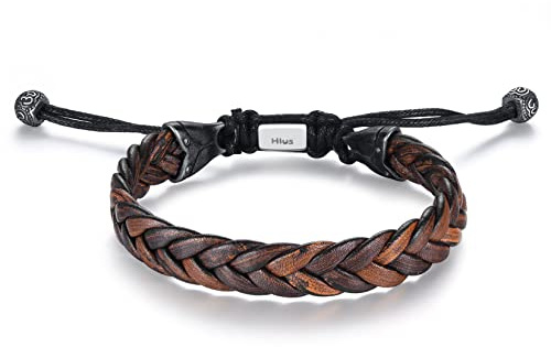 Hius Leather Bracelet for Men, Brown Adjustable Braided Leather Bracelet Wristband, Men's Leather Jewelry