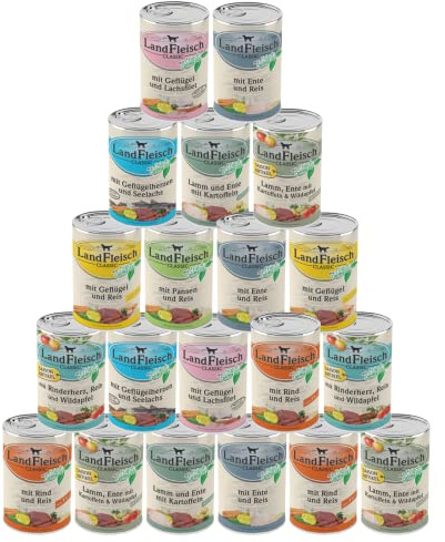 Landfleisch Classic 20 x 400g | Garantierter 10-Sorten-Mix | Mit hochwertigem Fleisch, Rapsöl (Omega-3 & 6), ohne Gluten, Zucker, GVO & Soja | Nassfutter für Hunde