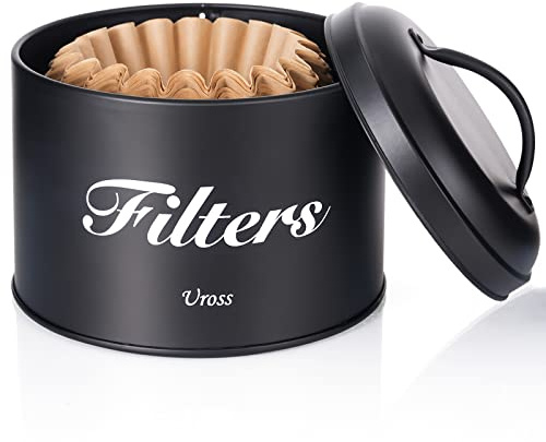 Uross Coffee Filter Holder Storage with Lid- Rustic Container Basket Round Storage Canister Filter Organizer Case Dispenser Coffee Bar Accessories Decor (Black)
