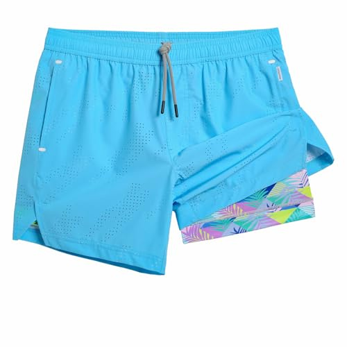 maamgic Mens Running Shorts with Compression Liner 5 Quick Dry Workout Shorts Anti-Chafe Gym Shorts Lightweight 2 in 1 Athletic Shorts with Phone Pocket Aqua Blue Leaf Medium