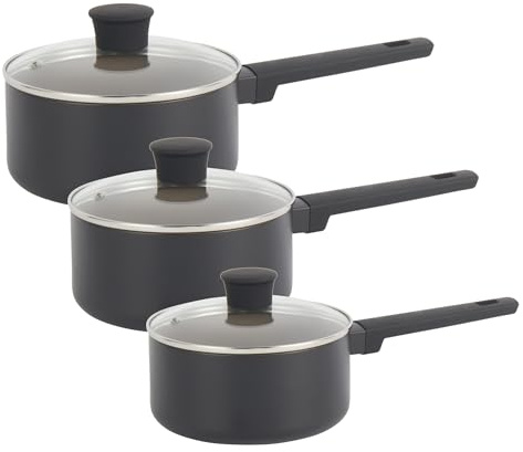 Salter COMBO-9152 Ceramic Saucepan Set – 3 Piece 16/18/20 cm, Recycled Aluminium Body, Healthy PFOA & PFAS-Free Non-Stick, Induction Suitable, Easy Clean, Stay Cool Handle, Cooking Pot with Glass Lid