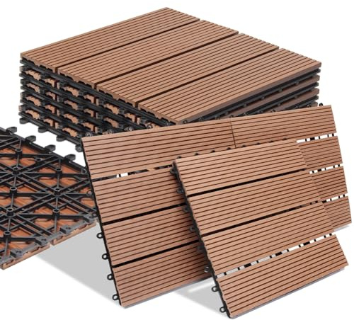 BAKAJI Set 11 Pezzi Piastrelle in WPC da Giardino con Sistema di Drenaggio Acqua, Pavimento Piastrella Resistente Agli Agenti Atmosferici Ideale per Esterno, Patio, Balcone, Terrazzo (Terracotta)