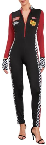 Felcia Costume de pilote de course pour femmes, manches longues, fermeture éclair, combinaison patchwork, coupe ajustée, salopette de moto, Halloween, carnaval, costume de cosplay, a-noir, 40