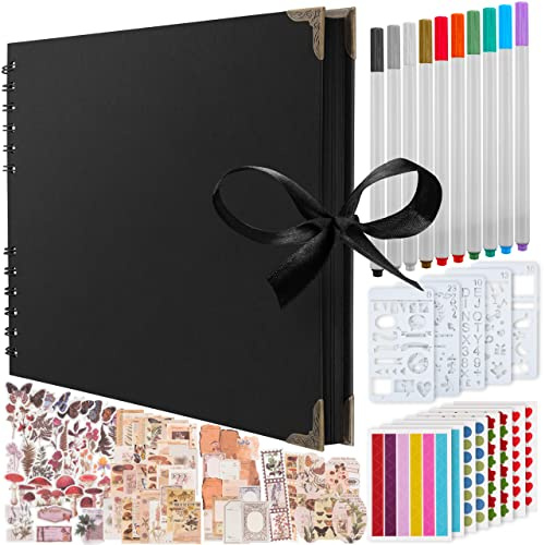 Bstorify Scrapbook Album, (198 PCS) - Black 70 Pages 25.4 x 25.4 CM | 174 PCS Scrapbooking Paper, 10 PCS Marker Pens, 6 Sheets Stickers, 120 Photo Corners & 5 Stencils (25.4 x 25.4 CM, Black)