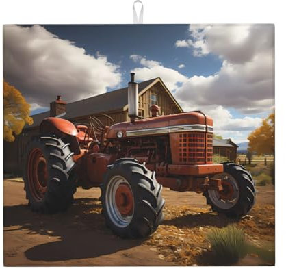 WHJYYXDE Tapete de secado con patrón de tractor rojo para cocina. El centro está hecho de esponja compuesta reversible con cordón