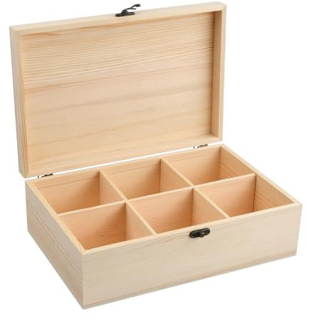 Catime Holzbox 30x20x10 cm, Holzkiste mit Deckel und Metallverschluss, Teebeutel Organizer mit 6 Abnehmbaren Fächern, Schmuckbox Schatztruhe Holz, Geschenkbox Groß für Haus Küche Büro Tischdekoration