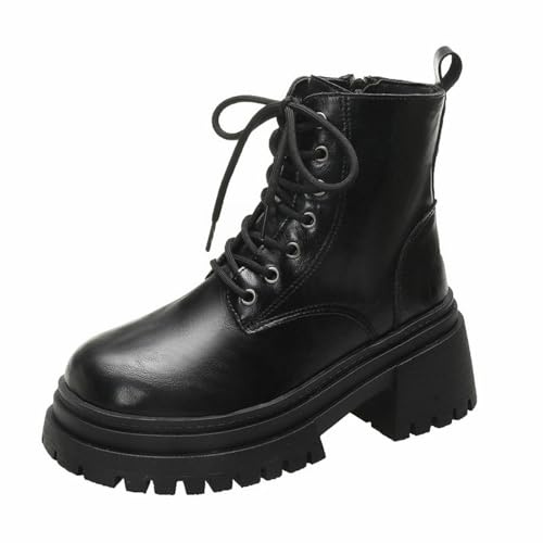 Springerstiefel Damen Plateau - Schnürstiefel Mit Blockabsatz Profilsohle Kurzschaft Lederstiefel Britisch Stiefeletten Rundzehe Ankle Boots Gothic Biker Boots Pu-Leder Combat Boots
