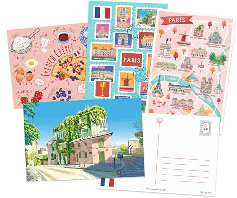 Navy Peony Cartoline di Viaggio Parigi (4x6 Pollici, 12 pezzi, 4 Design) - Mappa di Parigi, Tema Francobolli, Cartoline Illustrate da Artisti per Postcrossing