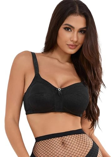 ohmydear Non Wired Bras Comfort Wireless Breathable Mesh Everyday Ladies T-Shirt Non Padded Full Coverage Wide Straps Minimiser Bras for Women UK, 34C Black