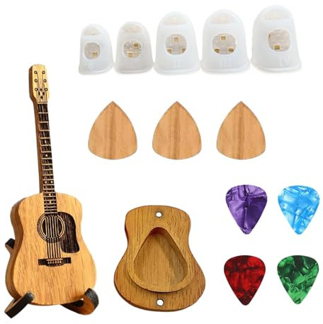 GUTERTOP 7 Stück Gitarren Plektrum, 1 Stück Plektren Gitarre Holz Box, Guitar Picks, 5 Stück Fingerkissen für Akustik E Bass Gitarren Ukulelen Liebhaber Zum Jahrestag und Geburtstag