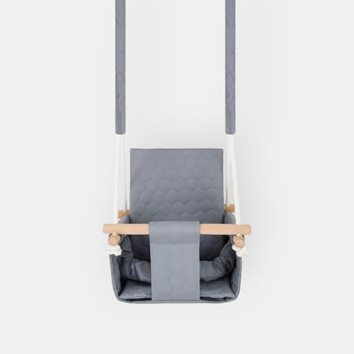 Nid Magique Safe Outdoor Indoor Baby Swing - Sedile in tessuto impermeabile con cinture - Legno naturale - 9 mesi - 3 anni - portata 20 kg - grigio chiaro