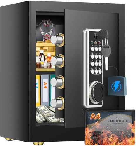 Grand coffre-fort ignifuge de 45 l avec porte-documents ignifuge, coffre-fort numérique avec 2 clés et étagère amovible, coffre-fort électronique pour classeurs A4, médicaments