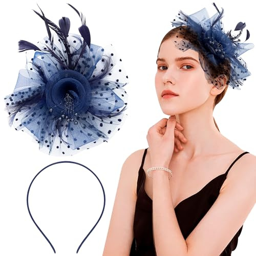 Heveer Fascinator Chapeau Mariage Dames Day Bandeau avec Clip Cocktail Tea Party Chapeau pour Fille et Femmes (Bleu Marine Taille Unique)