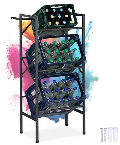 Relaxdays Drinks Crate Rack, HWD: 109x49x32 cm, 150 kg, Holds 3 Boxes, Steel, Beverage Holder Shelf, Beer & Water, Black