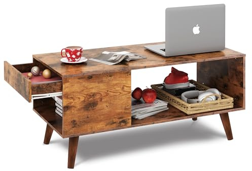 WLIVE Couchtisch Holz, Wohnzimmertisch mit Schubladen und Aufbewahrung,Wohnzimmer Tisch für Couch, Sofatisch für Schlafzimmer, Homeoffice, Rustikales Braun