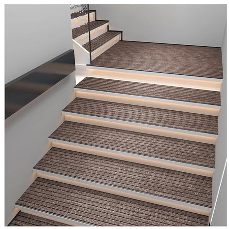 Alfombra Escalera Antideslizante con Respaldo de Goma Fija Sin Adhesivo Alfombrilla Peldaños de Escalera Interior para Niños Mayores Mascotas Baldosas Mármol Suelos Madera (marrón, 5PCS-30x85CM)