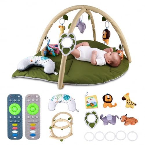 Gimnasio Bebé con Tapete de Actividades – Alfombra de Juegos Acolchada Lavable a Máquina, Arco con 6 Juguetes Sensoriales Desmontables, 2 Mordedores, Tummy Time, 0–12 Meses
