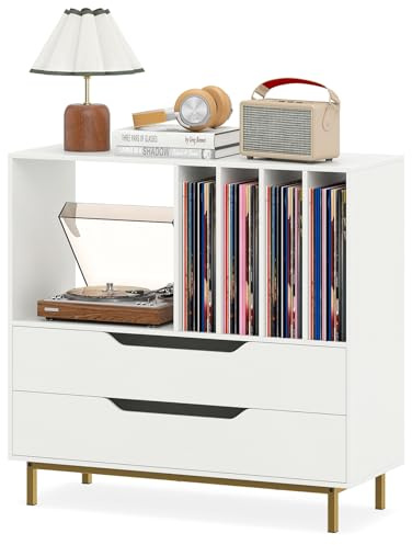 GOPLUS Meuble Platine Vinyle 4 Niveaux pour 300 Albums Disques, 91 x 36 x 87 CM, Support Tourne Disque Vinyle avec 2 Tiroirs, Compartiment Ouvert, Cadre Métal, Idéal pour Chambre, Salon, Studio(Blanc)