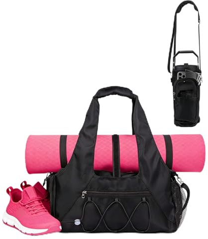 Borsa sportiva da donna con bottiglia d'acqua, grande borsa da viaggio con scomparto per scarpe e scomparto bagnato, per allenamento, yoga, tempo libero, colore nero