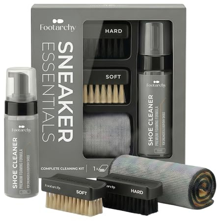 Footarchy Kit Limpieza Zapatillas Profesional - Espuma 150ml con 2 Cepillos (Soft y Hard) y Microfibra Doble Cara, Ideal para Cuero Goma Plastico y Suelas - Limpiador Zapatos sin agua