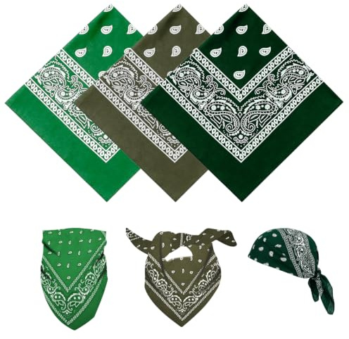 YAWYO 3 Pezzi Bandana Multifunzione, Sciarpa per Capelli con Stampa Paisley, Fascia Unisex per Uomo e Donna, Accessori per Cowboy (Set Colore Verde)