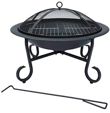 CHARLES BENTLEY Round, Outdoor, Garden, Patio, Fire Pit Heater, Open Bowl, Racking for Charcoal And Wood, Heatproof Paint, Enamel Coated Steel, Easy To Assemble, Cooking Grill, In Black (56x43cm)