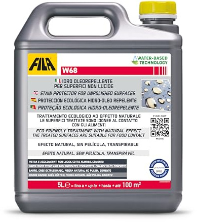 FILA Surface Care Solutions, W68, Floor Tiles Stainproof and Waterproof Sealant, Natural Stone Sealer and Brick Sealer, Exterior Patio sealant with Natural Effect, It doesn't Form Surface Film, 5L