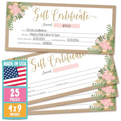 Hadley Designs 25 Blank Gift Certificates for Business – 4x9 Christmas Gift Certificates Cards for Small Business, Spa, Massage, Nail & Hair Salon, Restaurant, Holidays Coupon Vouchers, Kraft Floral