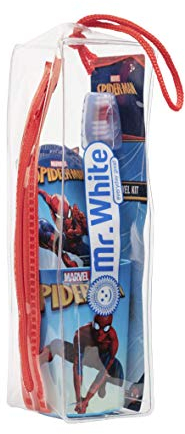 La borsa da toilette Spiderman contiene spazzolino da denti con tappo di protezione, ventosa, manico comodo e setole morbide, dentifricio al gusto di menta e bicchiere multiuso per bambini