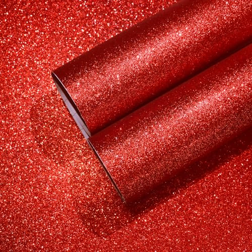CHIHUT Red Glitter Wallpaper 15.7''x100'' Sparkle Glitter Fabric Peel and Stick Wallpaper Roll Self Adhesive Removable Red Glitter Contact Paper Decorative for Walls Dresser Vanity Photo Background