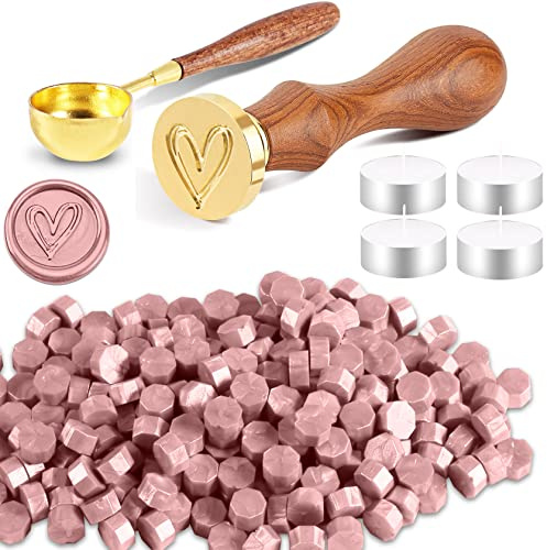 Foonii Juego de 200 cuentas de cera para sellos con sello de cera, 1 cuchara para fundir, 4 velas de té | Juego de cuentas de cera para sellos para sobres/invitaciones/tarjetas/regalos (corazón, rosa