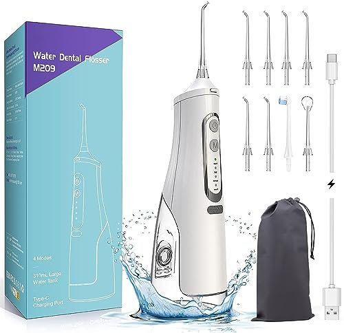 Annmiir Irrigador dental de agua inalámbrico, irrigador profesional para el cuidado bucal con 8 puntas de chorro, 4 modos, tanque de agua de 310 ml, IPX7, recargable y portátil, dientes de limpieza