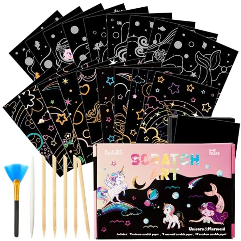 WERNNSAI Scratch Art Set - 30 PCS Rainbow Magic Scratch Paper Art Unicorn Mermaid Theme Art Supplies Colorful Drawing Art Craft with Wooden Stylus Birthday Party Gift
